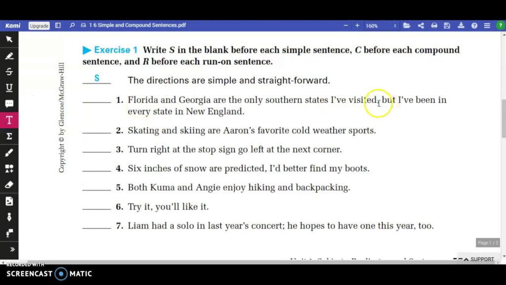1 6 Simple And Compound Sentences Worksheet YouTube