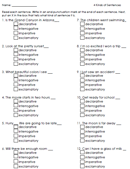 4th Grade Declarative Interrogative Imperative Or Exclamatory Worksheet 