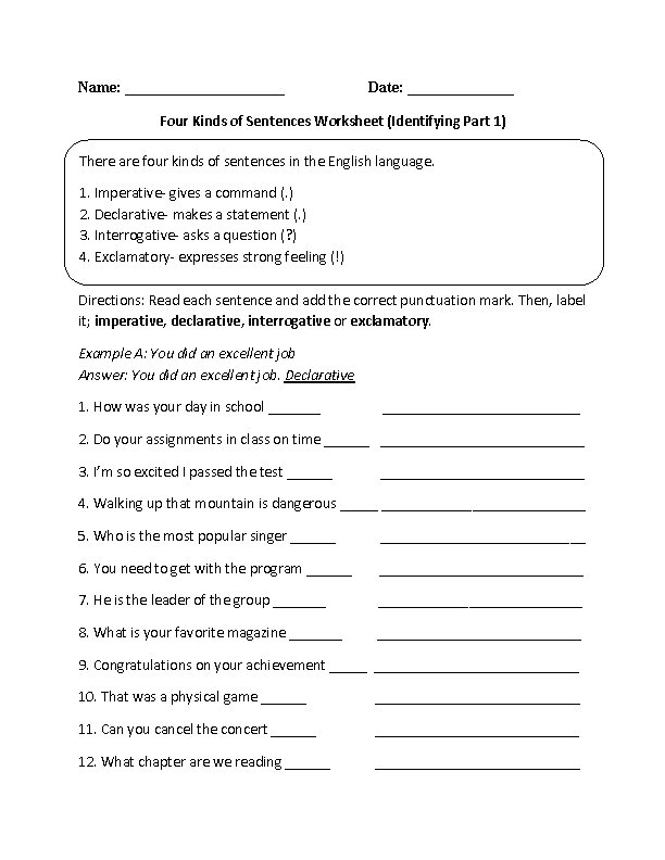 types of sentences exercises grade 4