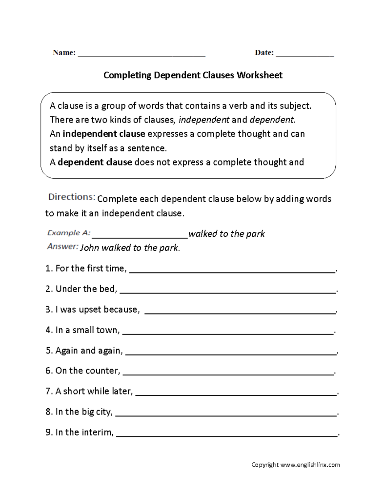 7th Grade Independent And Dependent Clauses Worksheet With Answers Pdf 