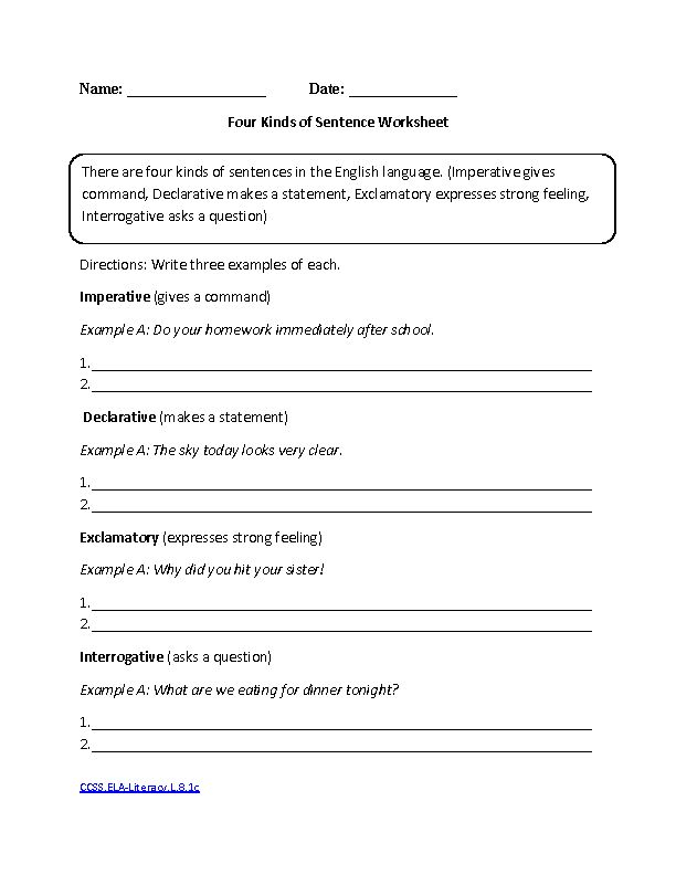 8th Grade Common Core Language Worksheets Types Of Sentences 