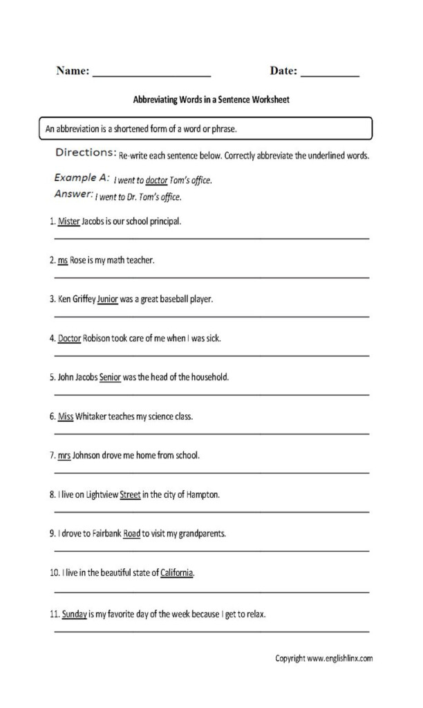 Abbreviating Words In A Sentence Worksheet Grades 9 12 Grammar 