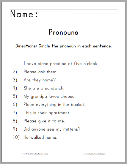 Circle The Pronouns Worksheet For First Grade Student Handouts