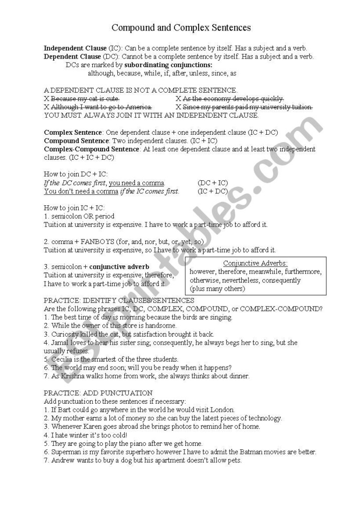 Clauses And Complex Compound Sentences Practice ESL Worksheet By 