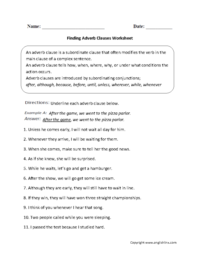 Clauses Worksheets Finding Adverb Clauses Worksheet Adverbial 