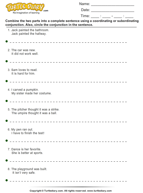 Combining Sentences With Conjunctions Worksheet Turtle Diary