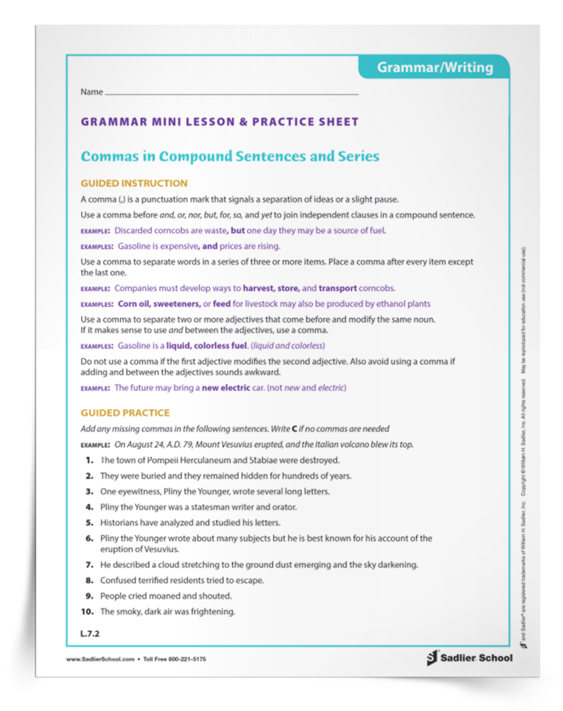 Commas In Compound Sentences And Series Lesson Practice Sadlier School