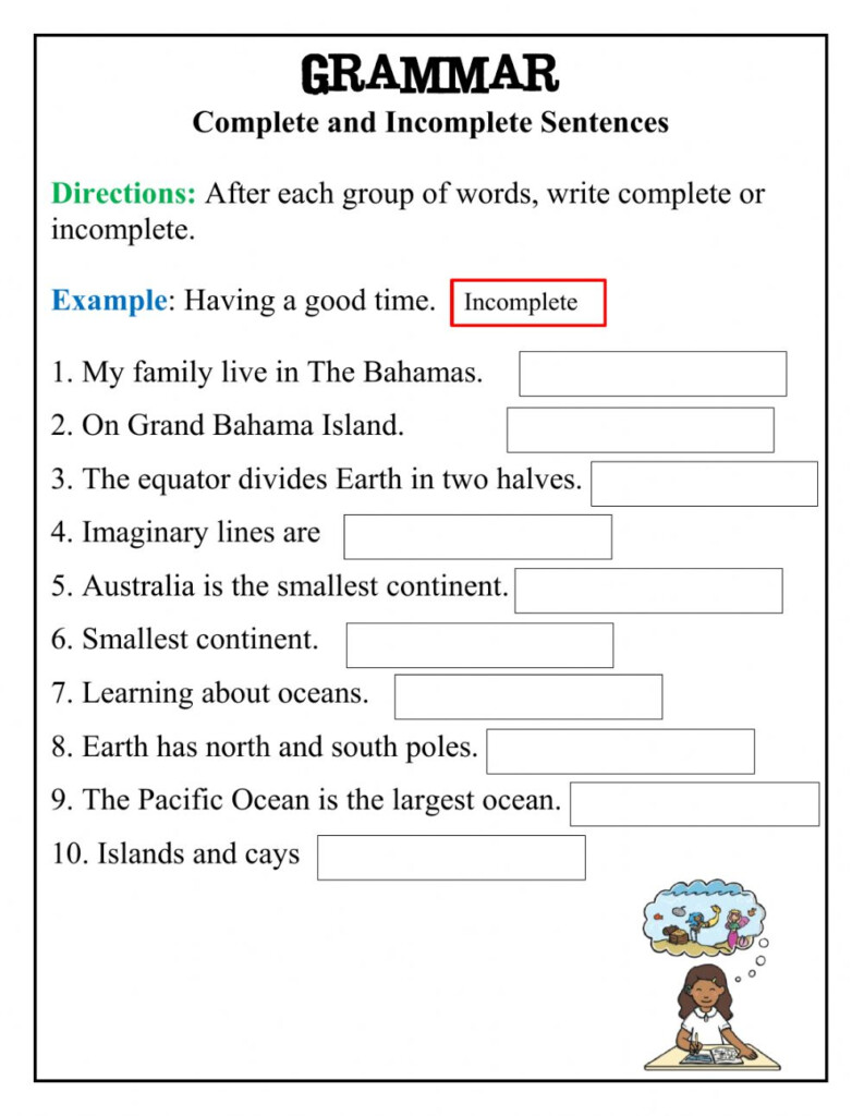 Complete And Incomplete Sentences Worksheet