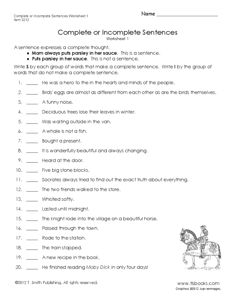 Complete Or Incomplete Sentences Worksheet 1 Incomplete Sentences 