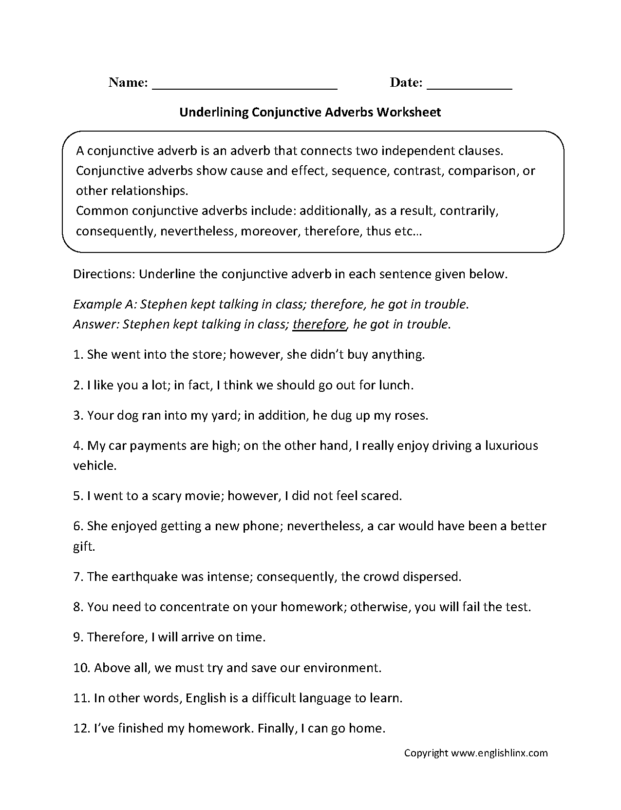 Conjunctions Worksheets Underlining Conjunctive Adverbs Worksheet