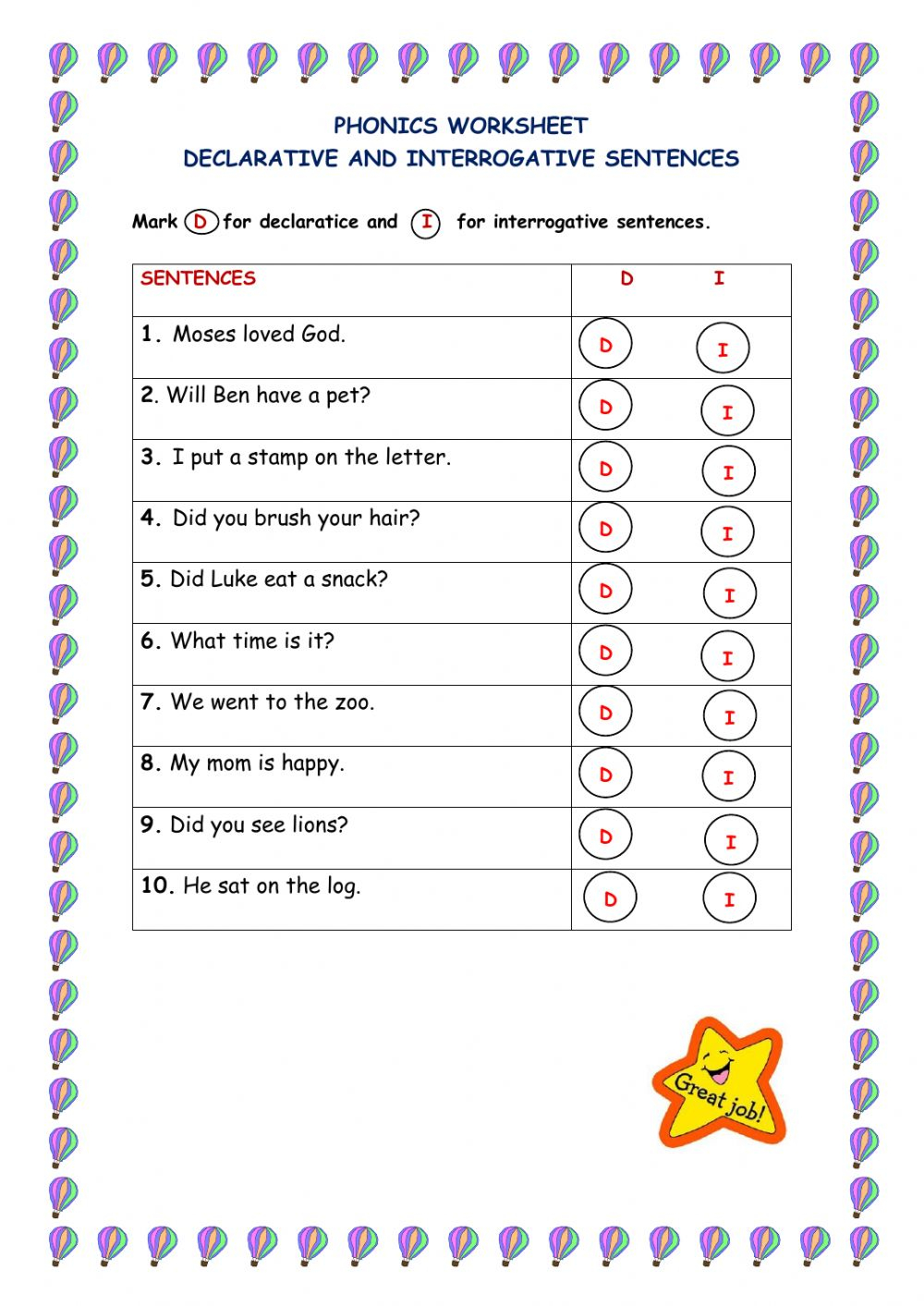Declarative And Interrogative Sentences Worksheet For GRADE 3