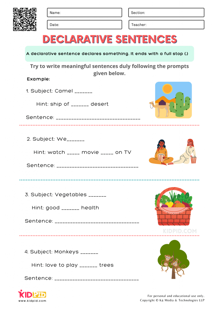 Declarative Sentence Free Printable Worksheets For Grade 1 Kidpid
