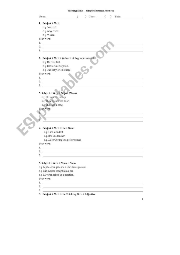 English Worksheets Simple Sentence Patterns
