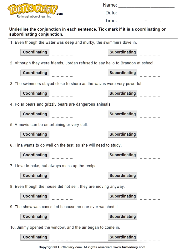 Identifying Conjunctions Worksheet Turtle Diary