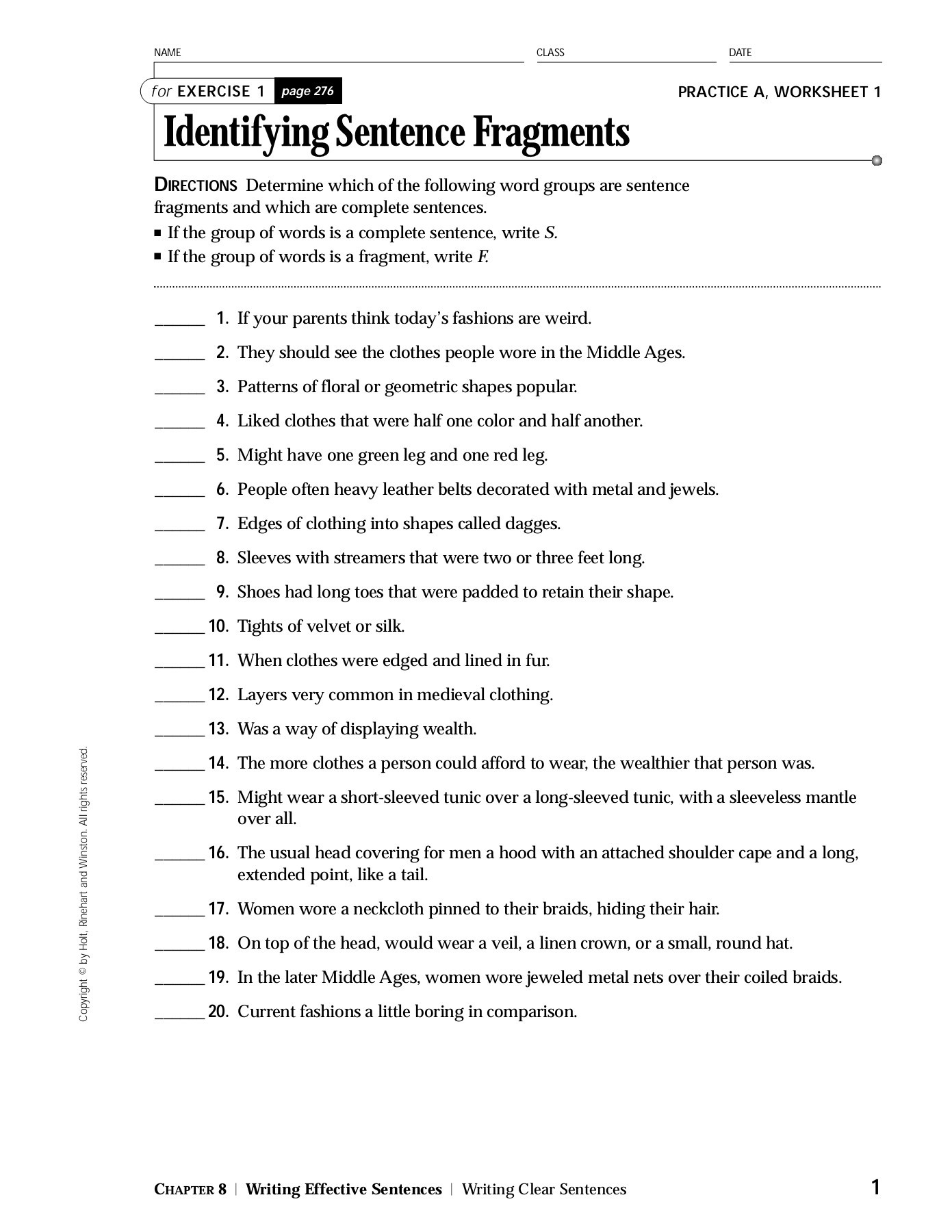 Identifying Sentence Fragments Exercise 1 Page 276 Answers ExerciseWalls