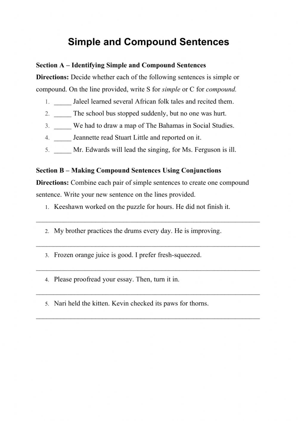 Identifying Simple And Compound Sentences Worksheet