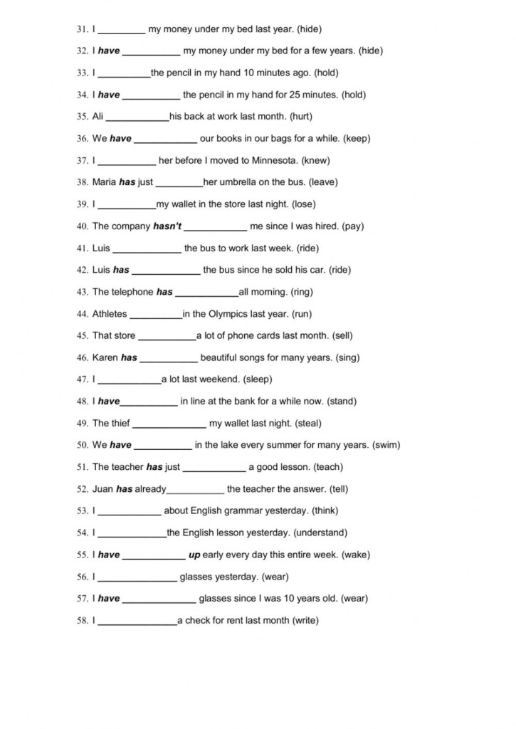 Irregular Verbs sentences Worksheet