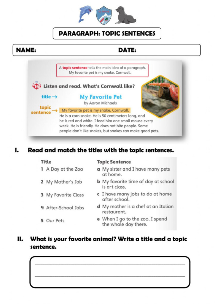 Paragraph Topic Sentence Worksheet