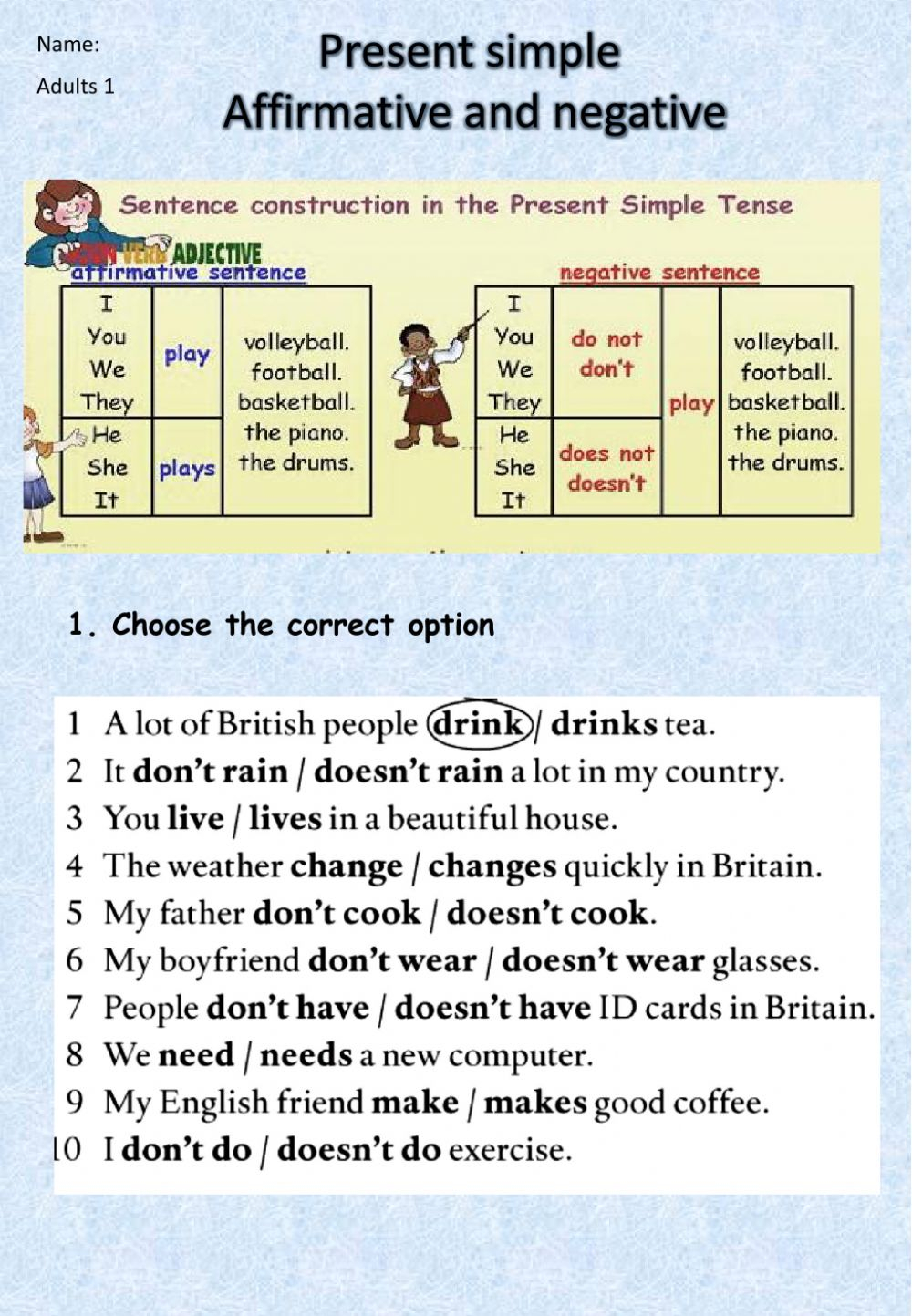 Present Simple Affirmative And Negative Online Worksheet