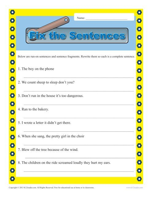 Run On Sentence Worksheet Correcting Run On Sentences Worksheets K5 