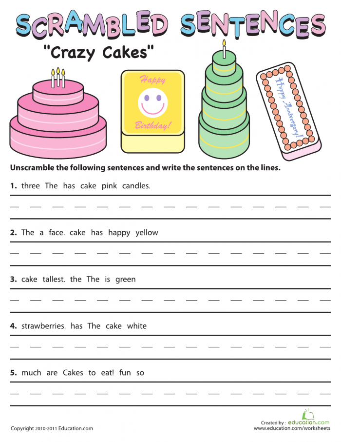 Scrambled Sentences Crazy Cakes Worksheets 99Worksheets