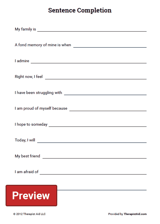 Self Exploration Sentence Completion Worksheet Therapist Aid