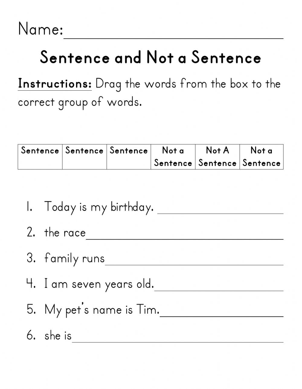 Sentence And Not Sentence Worksheet