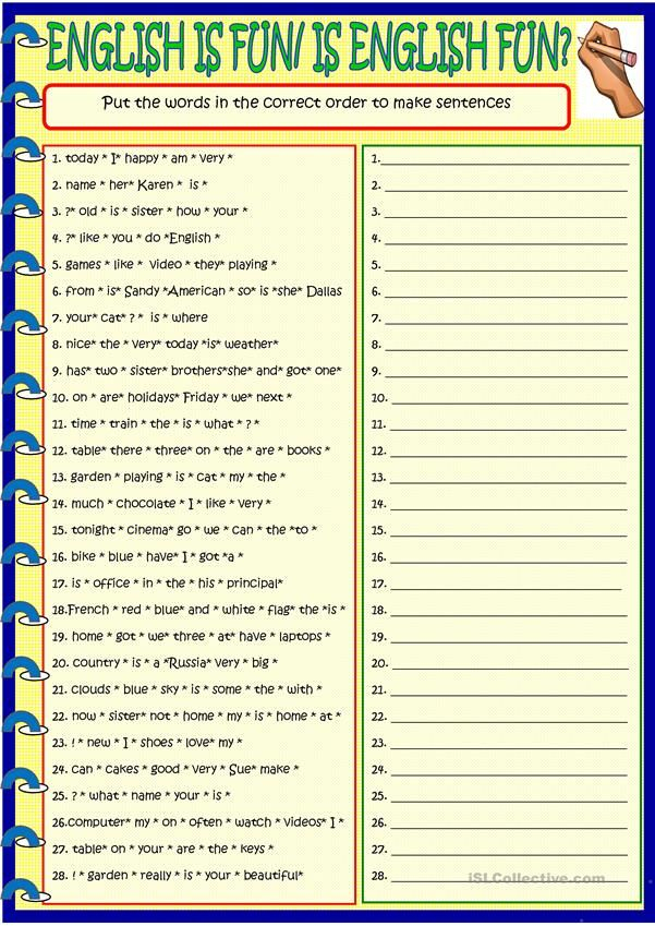 Sentence Building For Young Learners With KEY English ESL Worksheets 