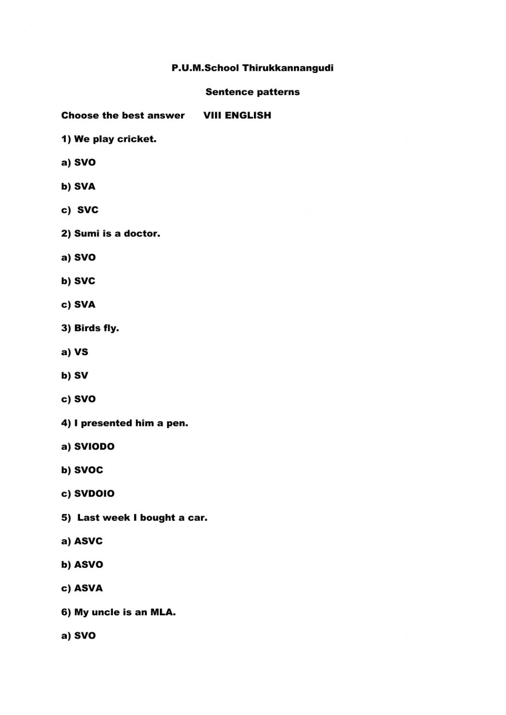 Sentence Pattern Worksheets Pdf