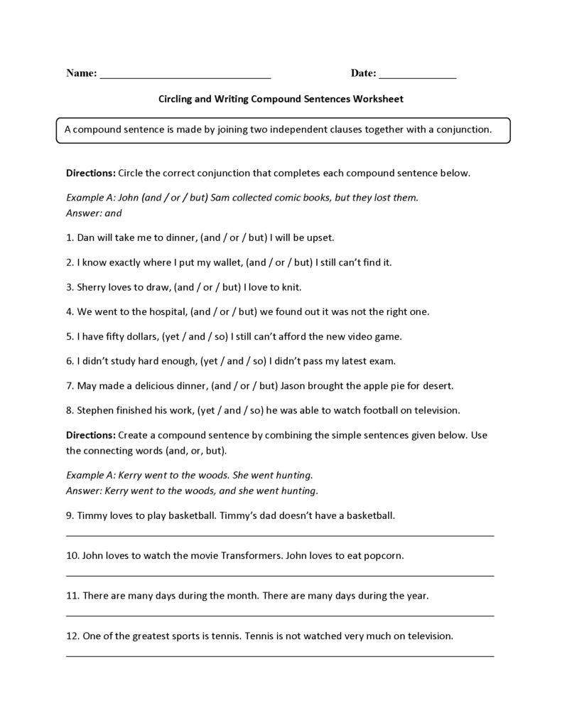 Sentences Worksheets Compound Sentences Worksheets