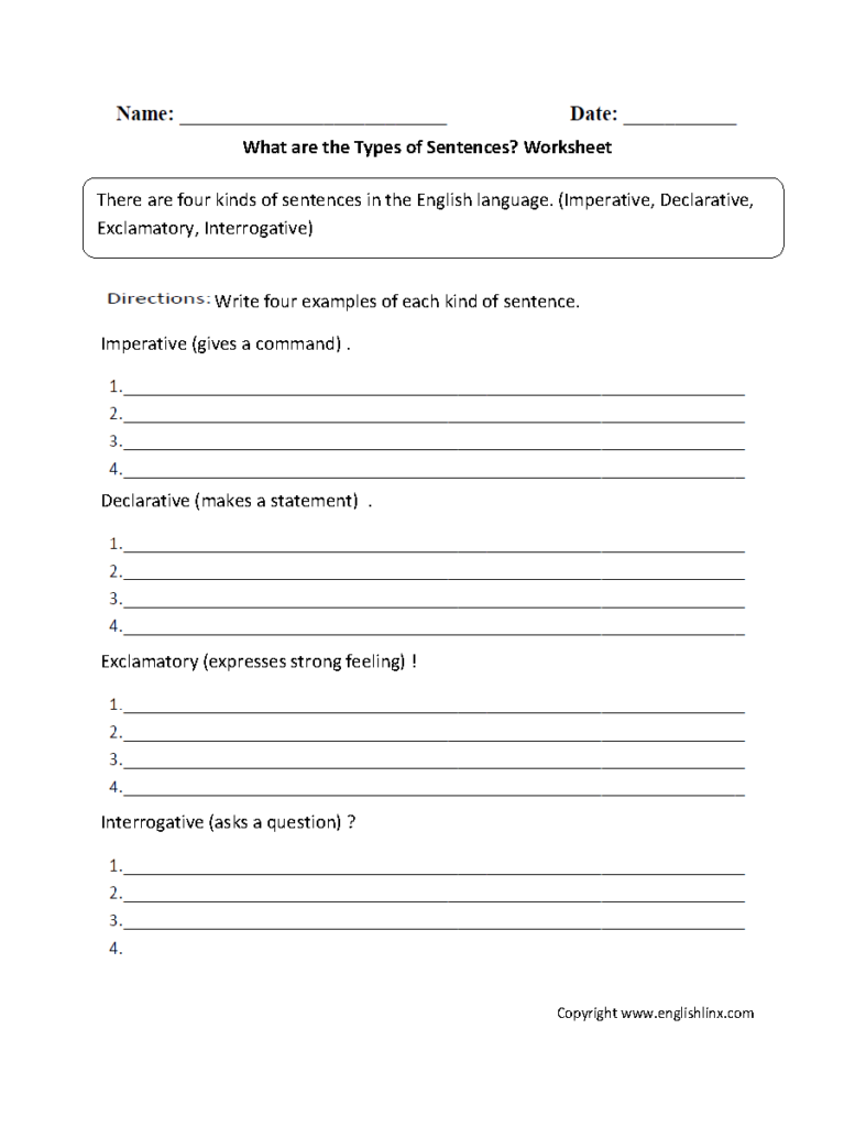 Sentences Worksheets Types Of Sentences Worksheets
