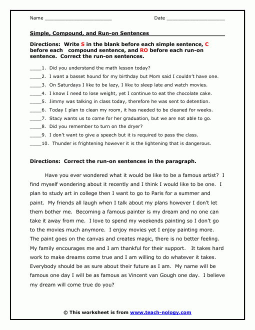 Simple Compound And Run on Sentences