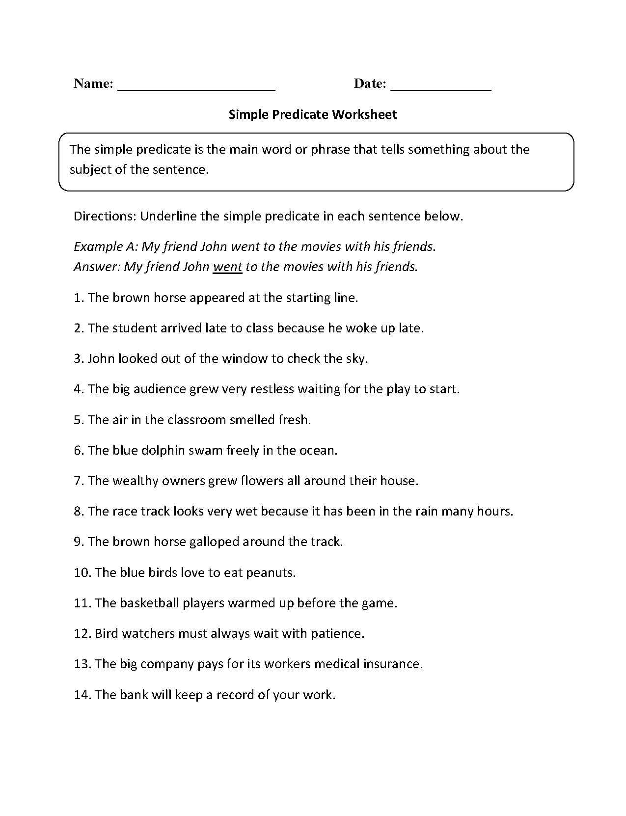 Simple Predicate Worksheet Subject And Predicate Worksheets Subject