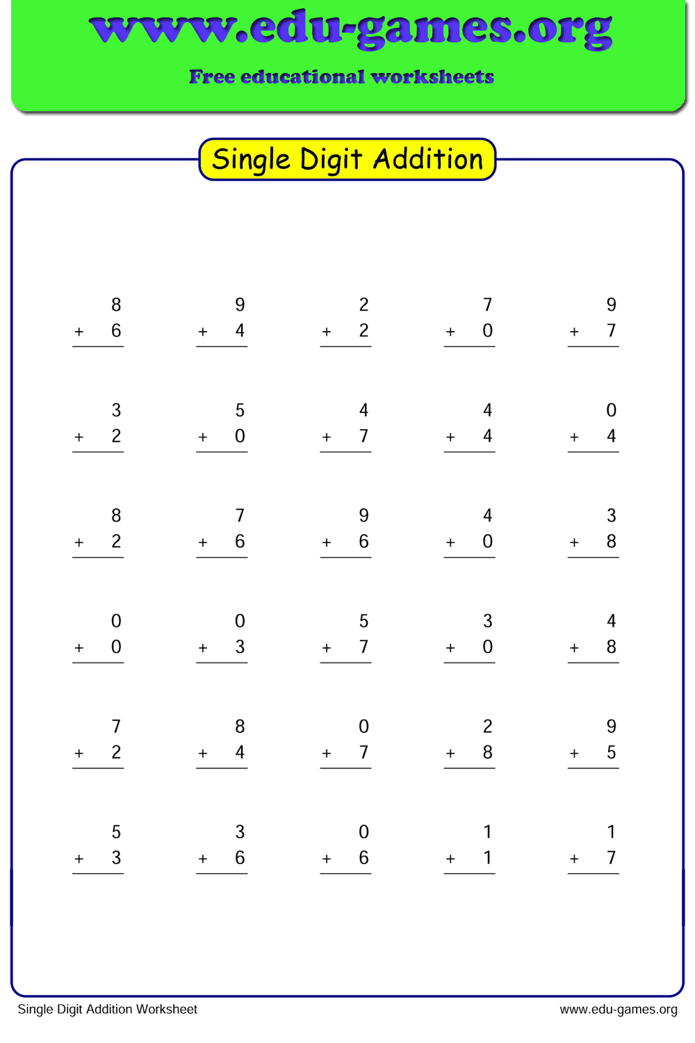 Single Digit Addition Worksheet Generator Grade 1 Free Printable