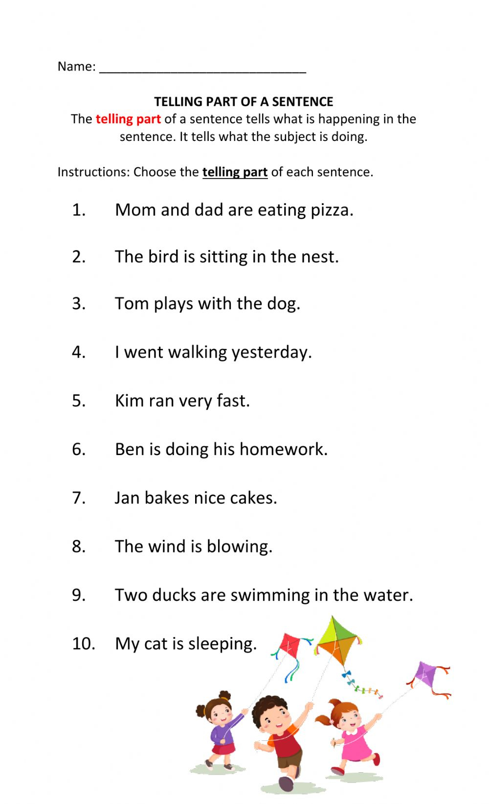 Telling Part Of A Sentence Worksheet
