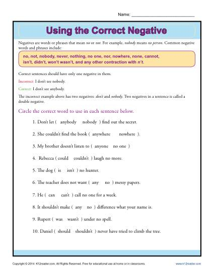 Using The Correct Negative Word Usage Worksheet