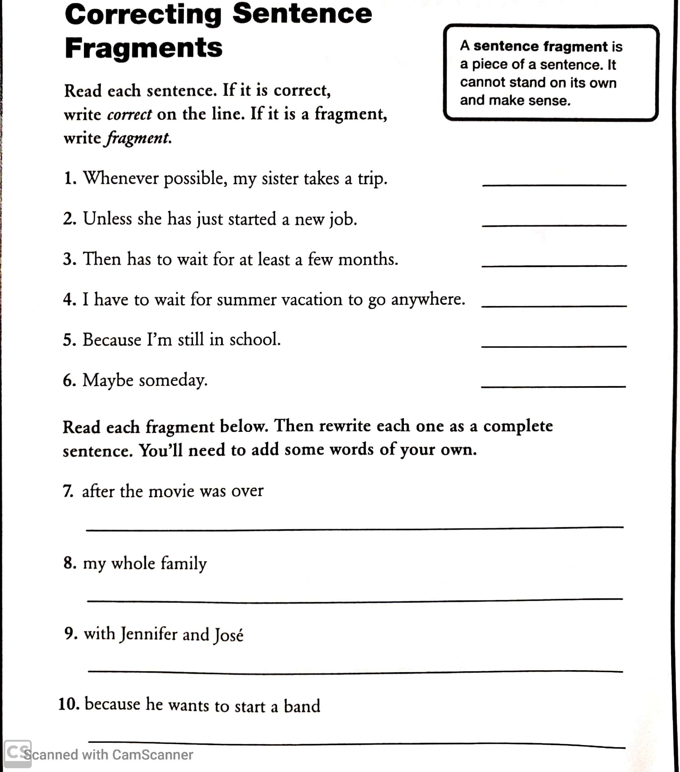 Word Study Lesson Correcting Sentence Fragments Mr Roberson ESL