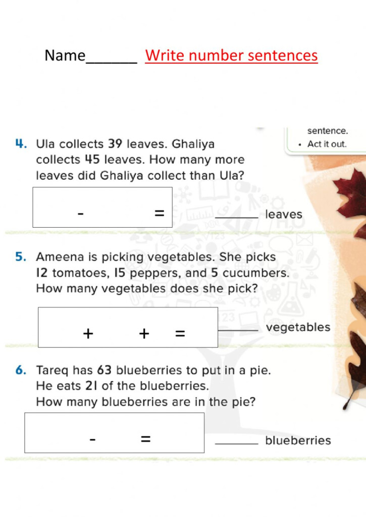 Write A Number Sentence Worksheet