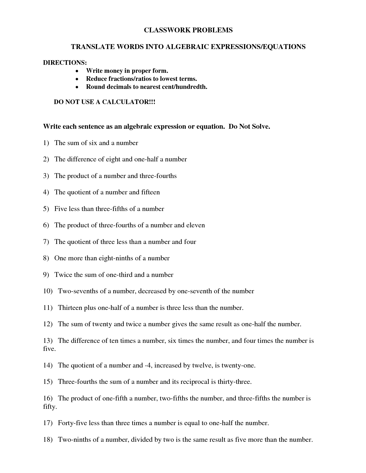Write Each Sentence As An Algebraic Equation Writing Algebraic
