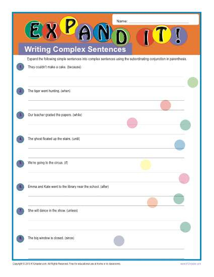 Writing Complex Sentences Sentence Structure Worksheets