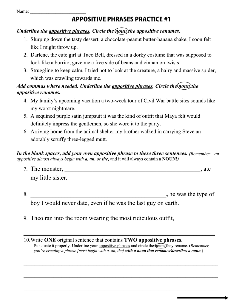 APPOSITIVE PHRASES PRACTICE 1 7 The Monster Ate My Little