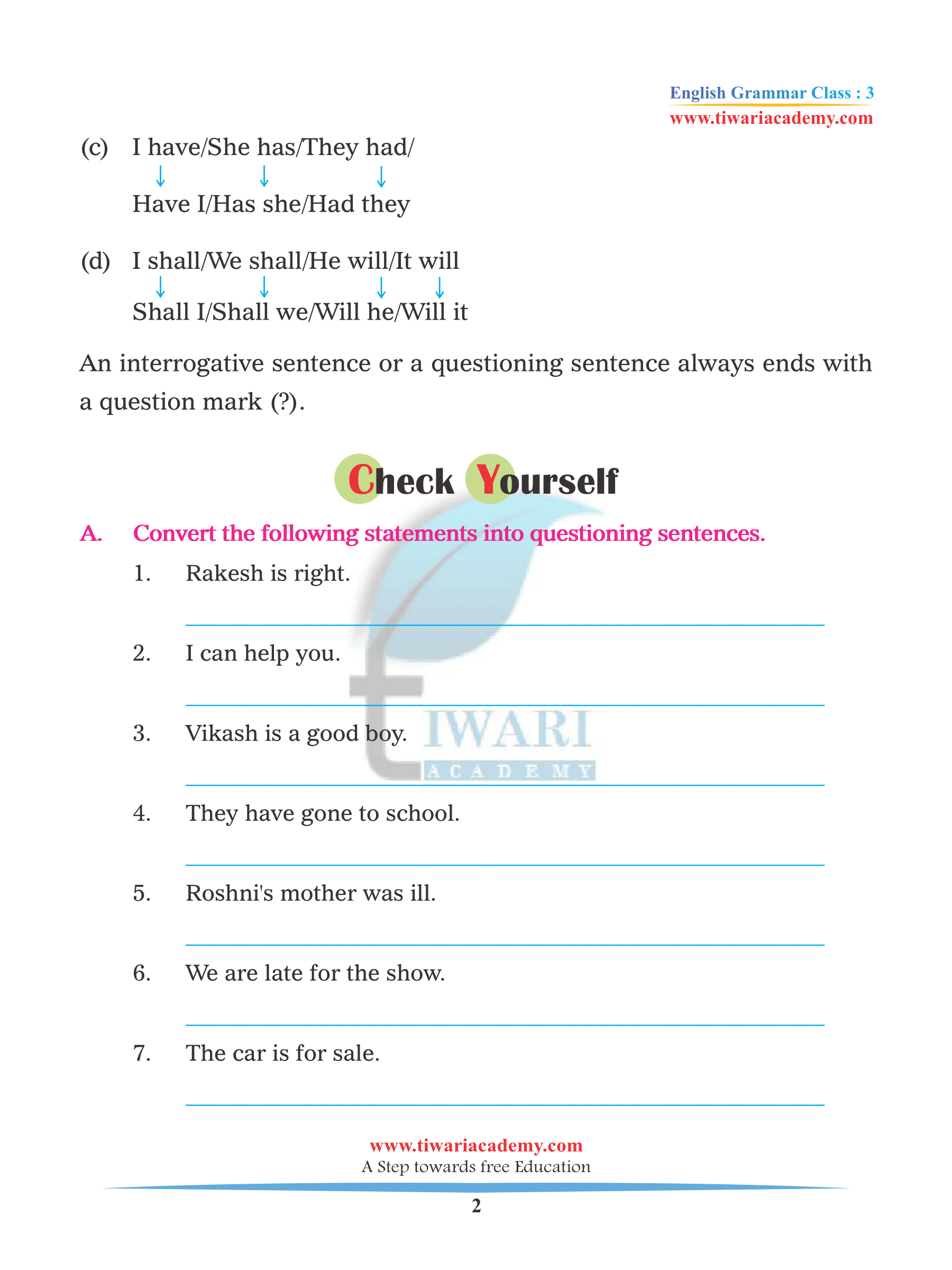 Class 3 English Grammar Chapter 3 Interrogative Sentences 2022 2023