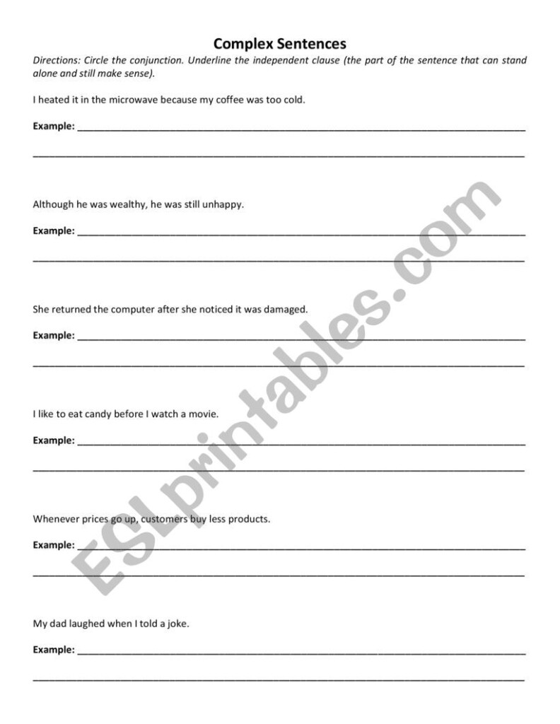 Complex Sentences Example ESL Worksheet By Slpteach