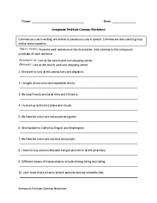 Compound Predicates Commas Worksheet Punctuation Worksheets English 