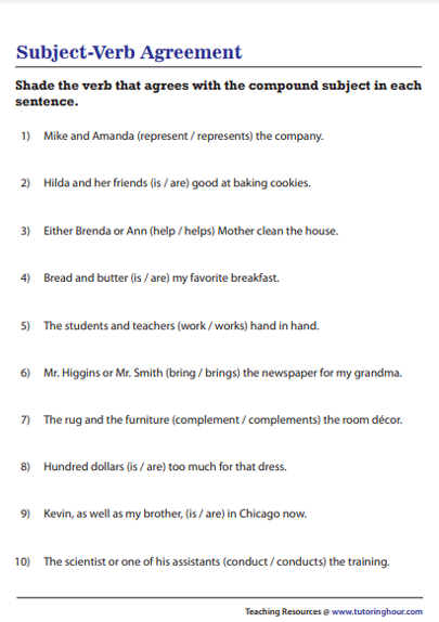 Compound Subjects And Verb Agreement Worksheet