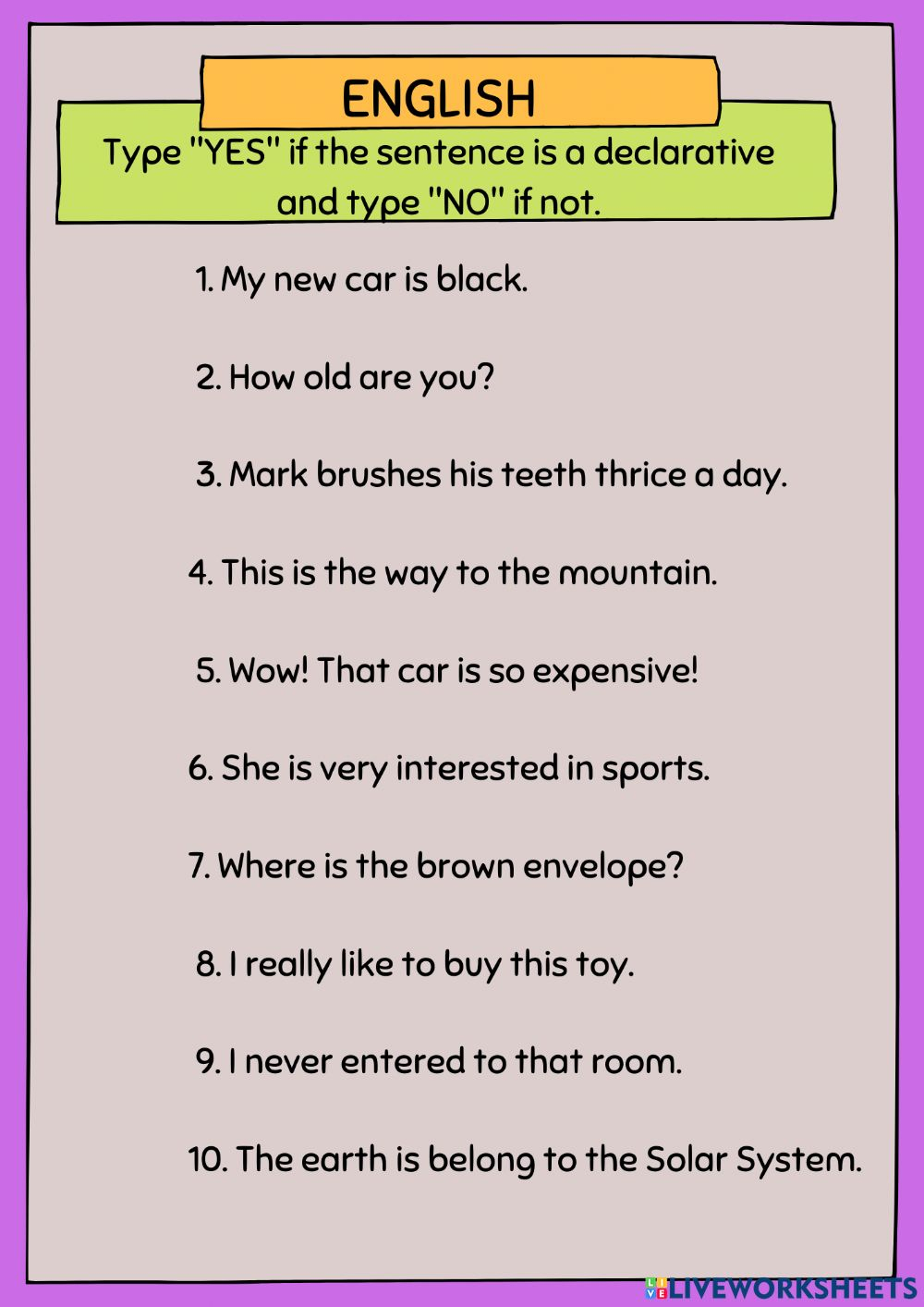 Declarative Sentence Worksheet