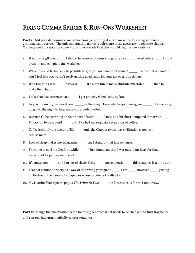 Fixing Comma Splices Run Ons Worksheet