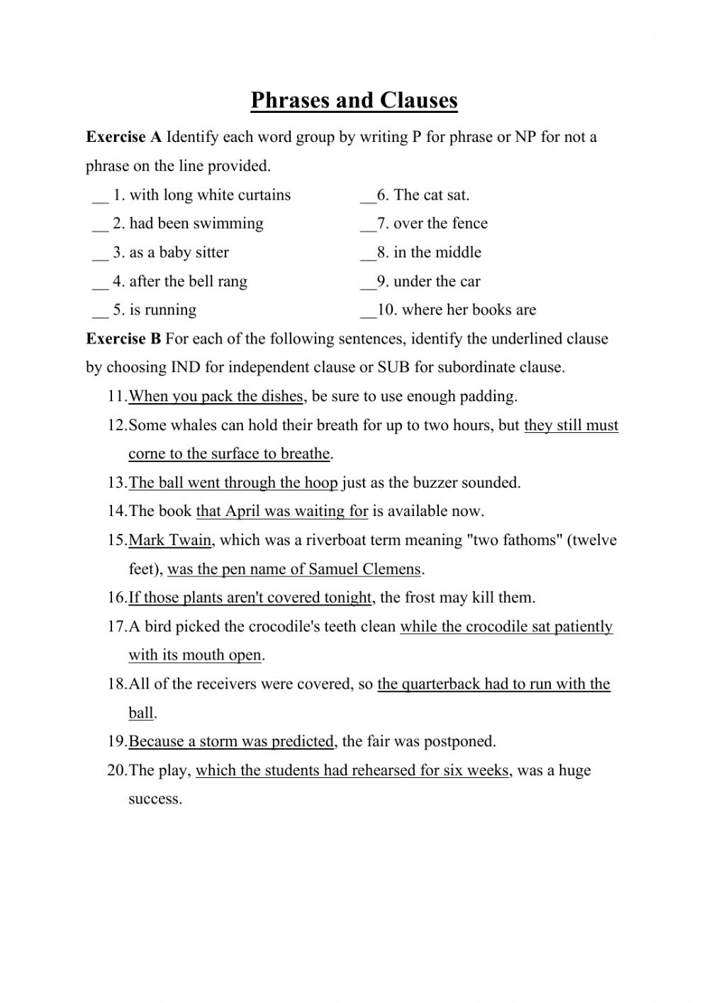 Phrases And Clauses Exercises For Class 8 Icse With Answers Lawrence