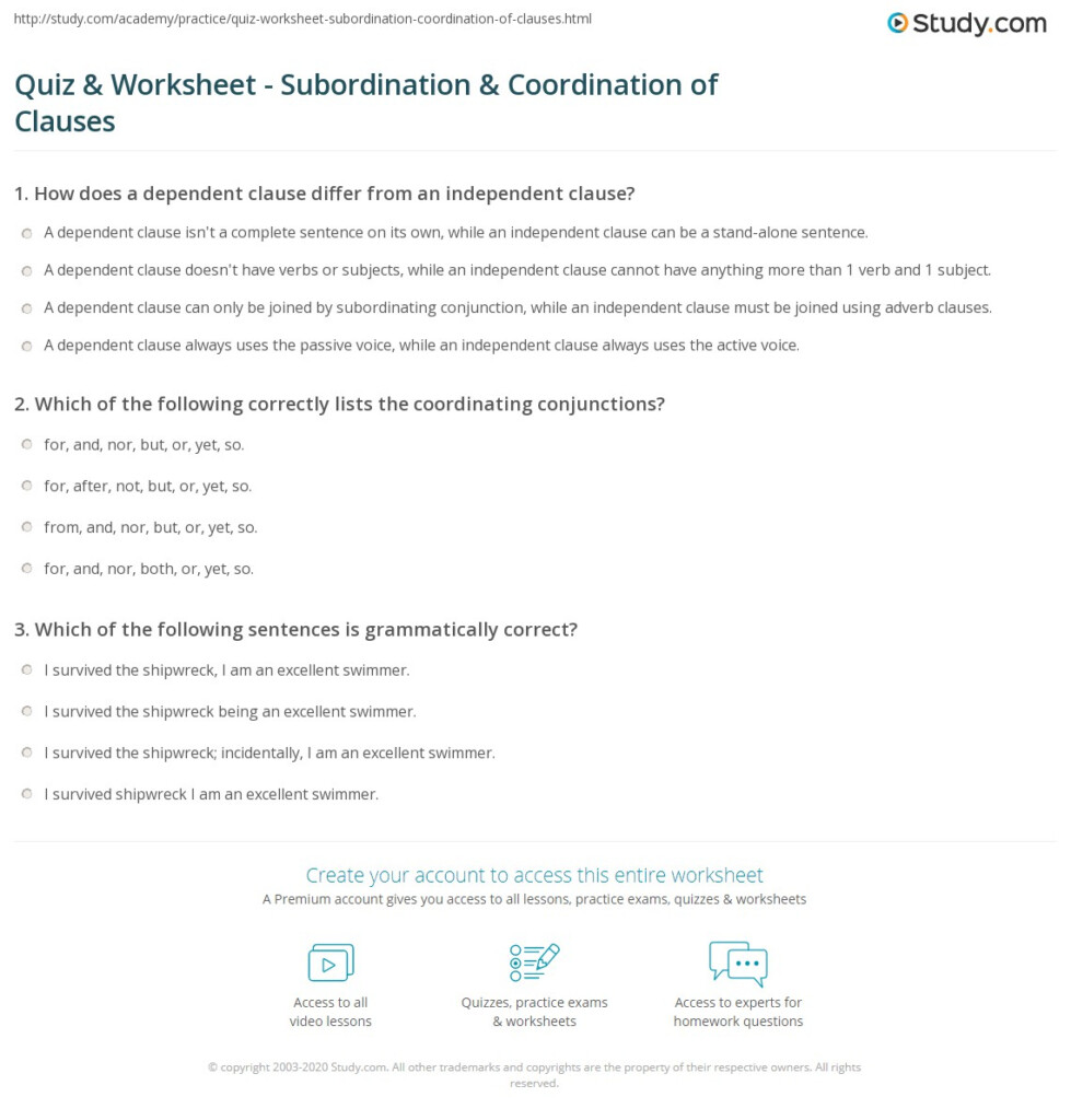 Quiz Worksheet Subordination Coordination Of Clauses Study