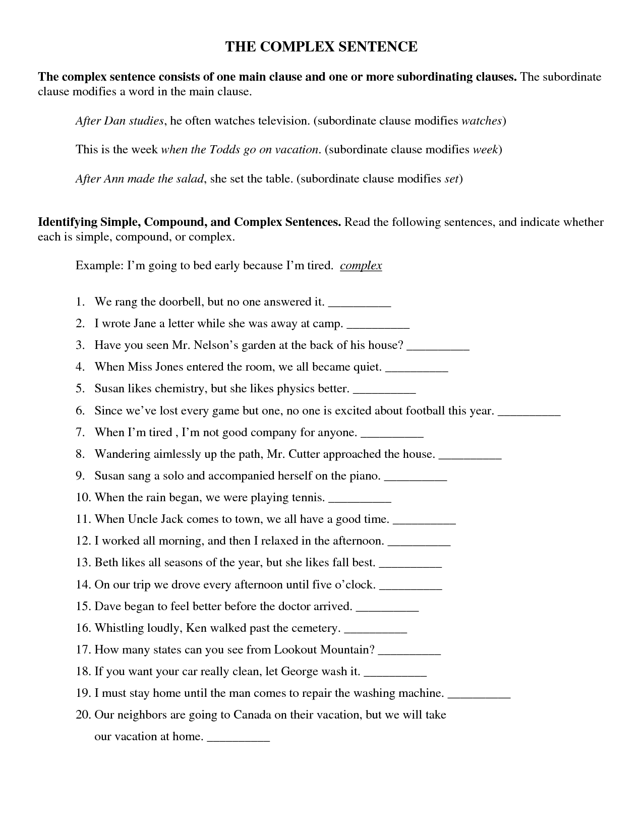 Simple Compound Complex Sentences Worksheet Yahoo Image Search